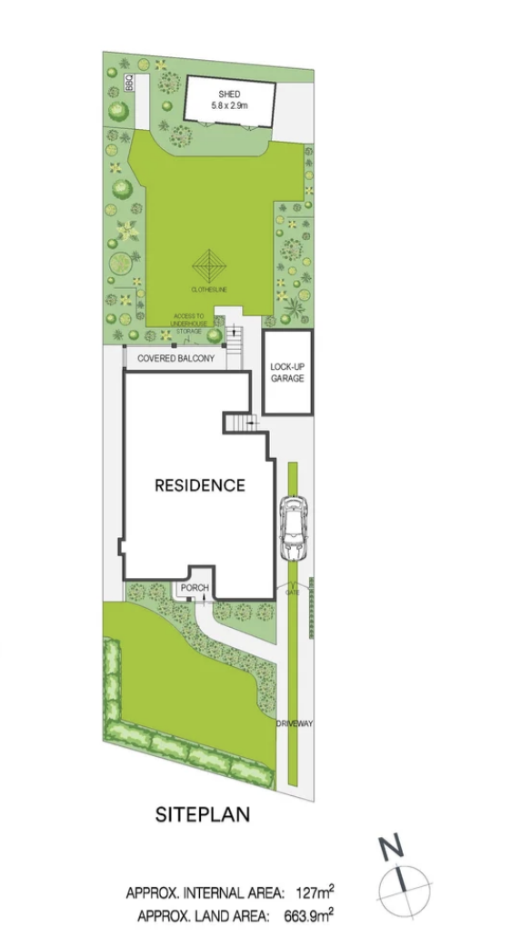 Site plan from a completed Lane Cove North acquisition showing the residence, yard, garage and north point
